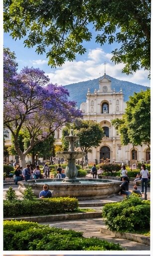 Parque Central de Antigua Guatemala con jacarandas en flor
