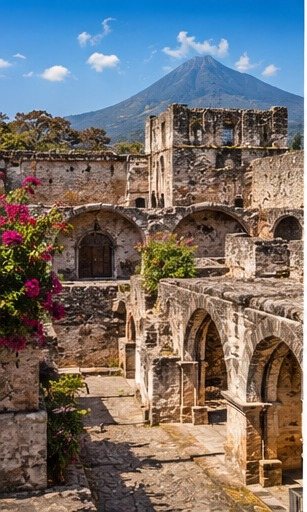 Ruinas coloniales con el volcán de Agua al fondo, Antigua Guatemala