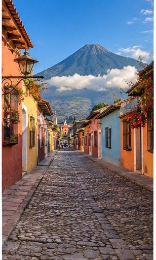 Calle empedrada con fachadas de colores y volcán, Antigua Guatemala